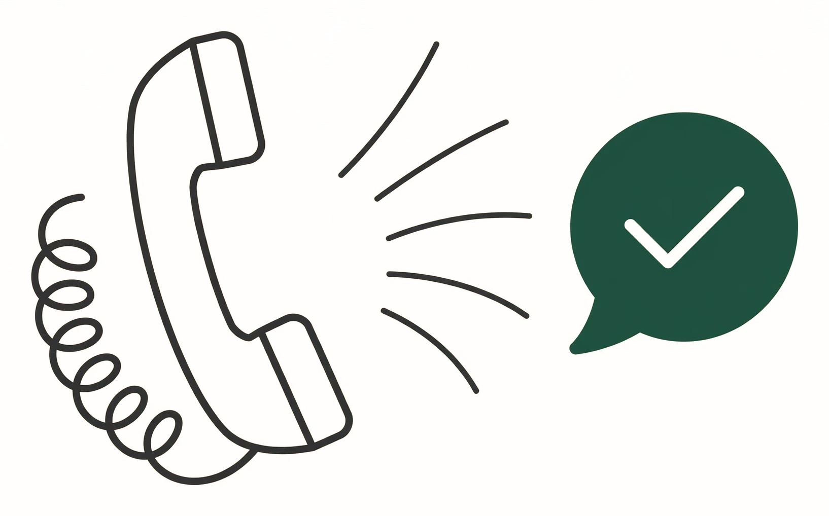 Ilustración de un teléfono sonando con una marca de verificación: cada llamada contestada