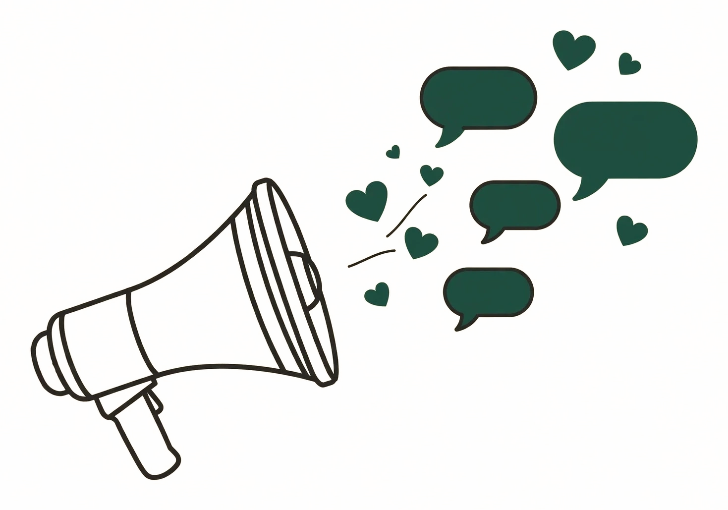 Ilustración de un megáfono transmitiendo corazones y burbujas de chat en redes sociales