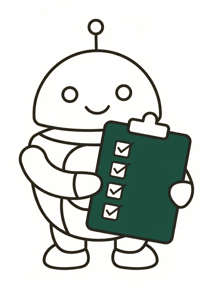 Ilustración de un robot amigable sosteniendo una lista de tareas completadas