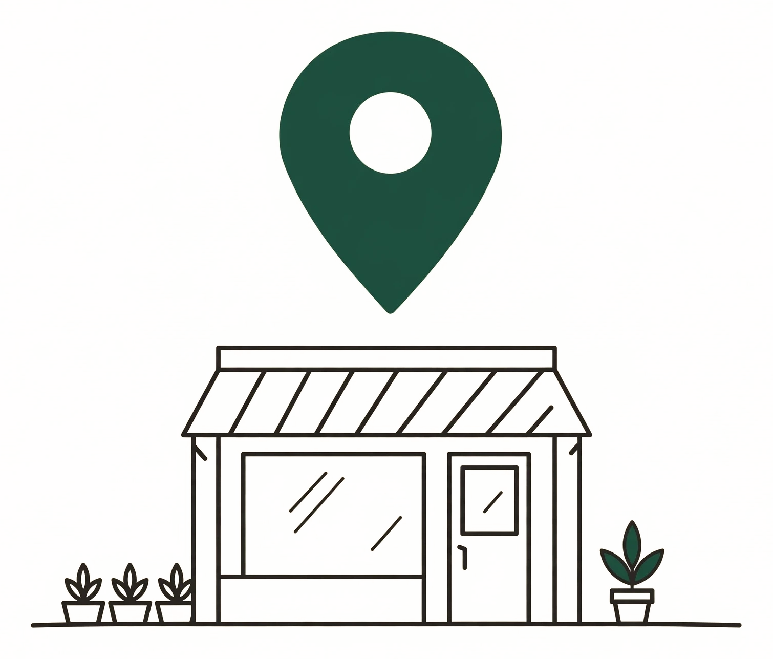 Ilustración de un local comercial con un pin de mapa sobre él