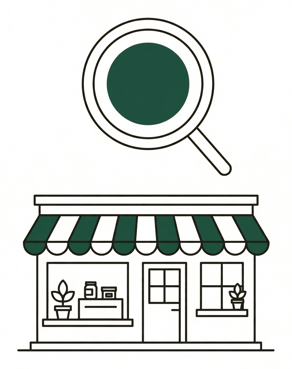 Illustration of a magnifying glass examining a local storefront