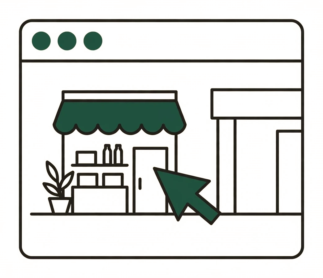 Ilustración de una ventana de navegador con un cursor haciendo clic en un local